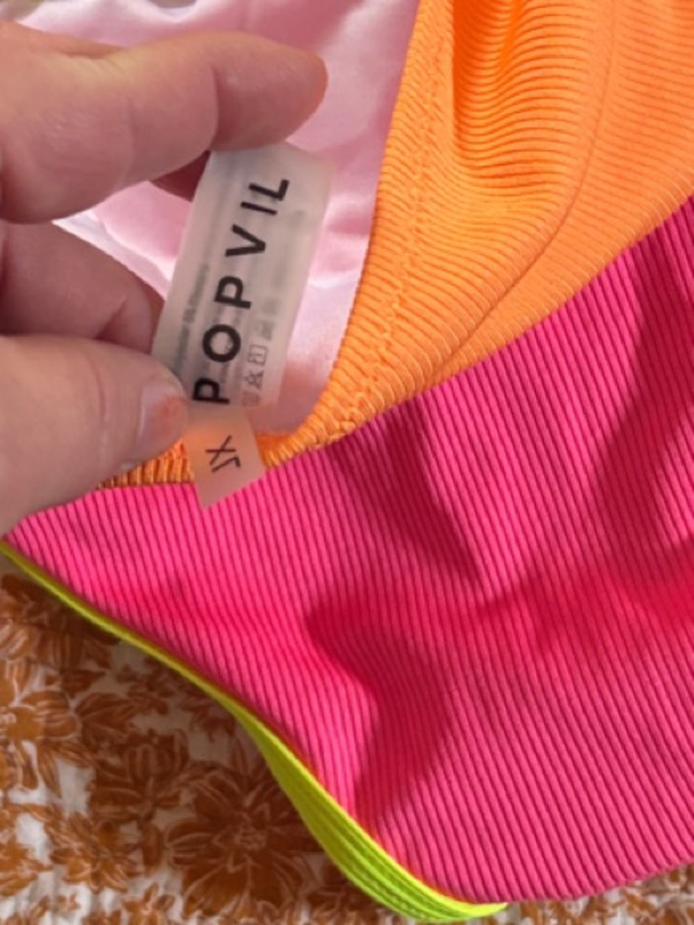NWOT POPVIL Neon Pink & Orange High-Waist Two-Piece Bikini with Lime Trim - Picture 2 of 5